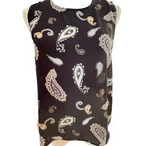 Loft Outlet Petite SP Paisley Sleeveless Blouse Brown Back Bow Keyhole Shell
